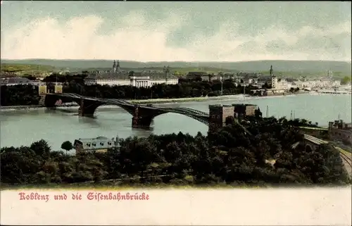 Ak Koblenz am Rhein, Totale mit Eisenbahnbrücke