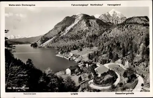 Ak Walchensee Kochel am See in Oberbayern, Haarnadelkurven der Kesselbergstraße, Herzogstand