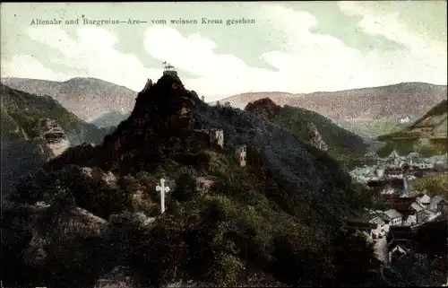 Ak Altenahr im Ahrtal, Ort u. Burgruine Are v. weissen Kreuz gesehen