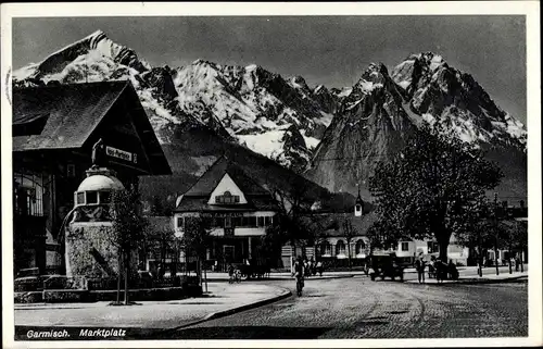 Ak Garmisch Partenkirchen in Oberbayern, Marktplatz, Marienplatz, Alpspitze, Höllental, Zugspitze
