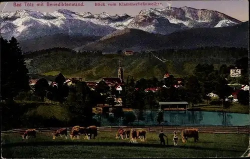 Ak Bad Tölz in Oberbayern, Blick vom Klammerbräuweiher, Ortsansicht mit Benediktenwand, Kuhweide