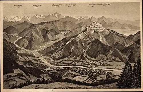 Ak Lenggries in Oberbayern, Panorama mit Benediktenwand, Jachenau, Zugspitze