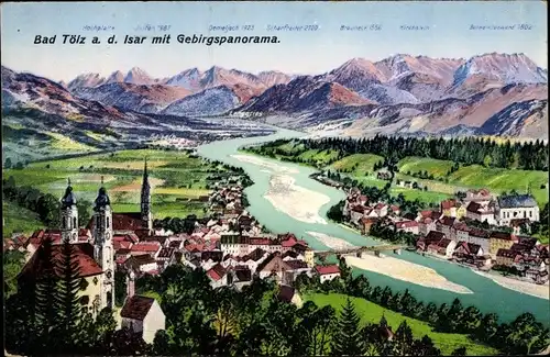 Ak Bad Tölz Oberbayern, Blick auf die Stadt und die Isar mit Gebirgspanorama