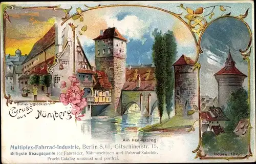Litho Nürnberg in Mittelfranken, Bratwurstglöcklein, am Henkersteg, Neues Tor