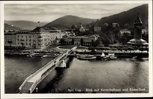 Ak Bad Ems an der Lahn, Kurmittelhaus und Römerbad, Brücke