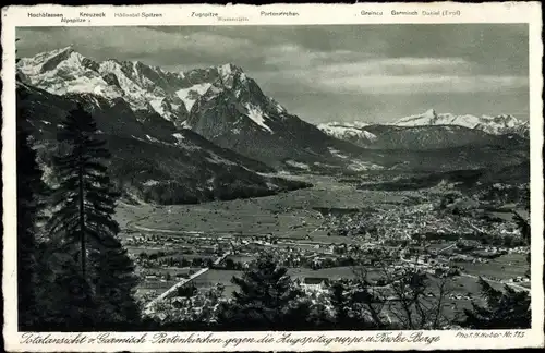 Ak Garmisch Partenkirchen in Oberbayern, Totalansicht gegen die Zugspitzgruppe und Tiroler Berge