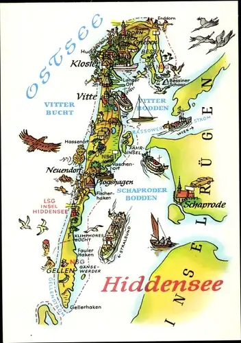 Landkarten Ak Insel Hiddensee in der Ostsee, Kloster, Vitte, Vitter Bucht, Neuendorf, Schaprode