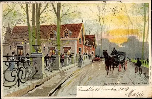 Künstler Litho  Ranot, F., Bruxelles Brüssel, Bois de la Cambre, La Laiterie, Straßenpartie, Kutsche