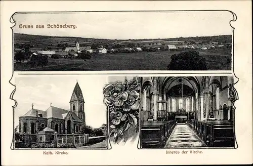 Ak Schöneberg im Hunsrück, Katholische Kirche, Innenansicht, Blick auf Ortschaft und Umgebung