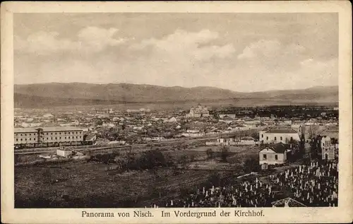Ak Niš Nisch Serbien, Panorama, Im Vordergrund der Kirchhof