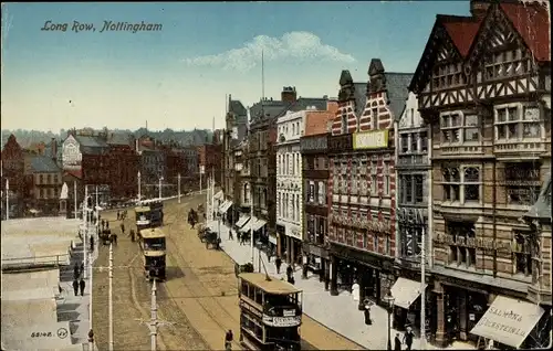 Ak Nottingham East Midlands England, Long Row, Straßenbahn