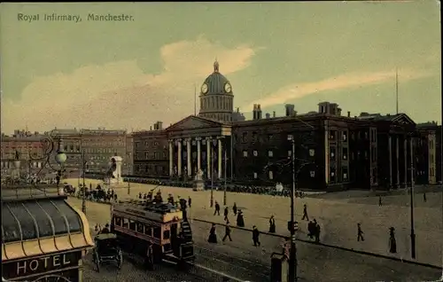 Ak Manchester England, Royal Infirmary, Straßenbahn