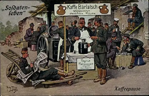 Künstler Ak Thiele, Arthur, Kaffeepause, Soldatenleben, Kaffee Bärlatsch