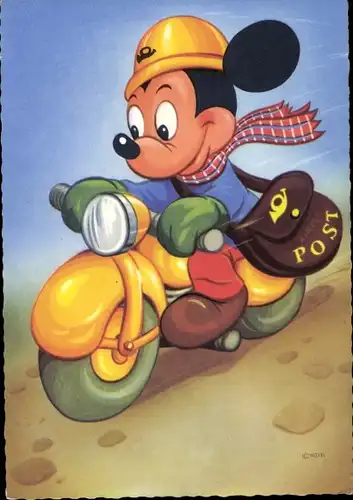 Künstler Ak Walt Disney, Mickey Mouse auf einem Motorrad, Posttasche, Comic