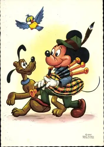 Künstler Ak Walt Disney, Comic, Mickey Mouse, Pluto, Dudelsack
