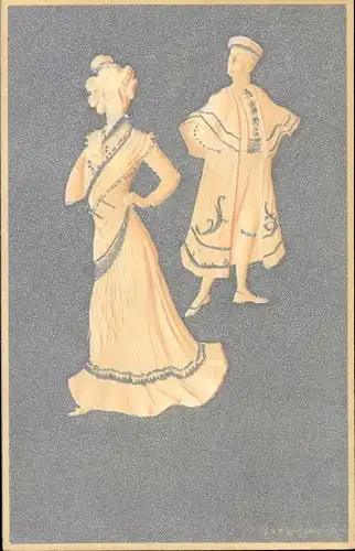 Künstler Litho Elegantes Paar, Frau in langem Kleid, Mann mit Mantel