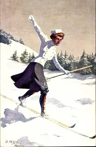 Künstler Ak Merte, Oskar, Frau auf Skiern, Winterlandschaft
