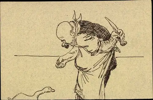 Ak Metzger mit Messer will Gans schlachten, lieber Gänserich, du ahnst es nich, ein Raubtier naht