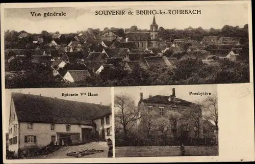 Ak Bining lès Rohrbach Lothringen Moselle, Vue generale, Epicerie Ve Haas, Presbytere