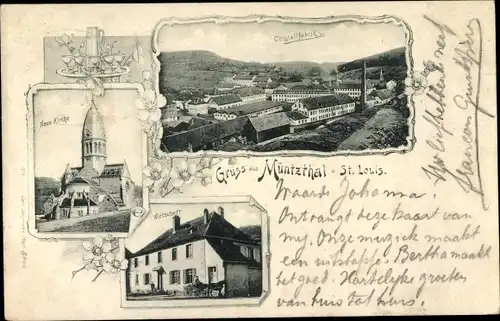 Ak Münzthal St Louis Lothringen Moselle, Cristallfabrik, Neue Kirche, Wirtschaft