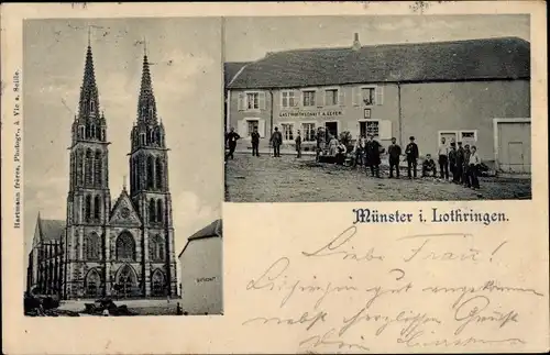 Ak Münster Lothringen Moselle, Kirche, Gastwirtschaft