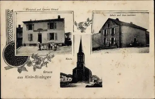 Ak Klein Bissingen Moselle, Wirtschaft und Epicerie Gerard, Schule, Gemeindehaus, Kirche