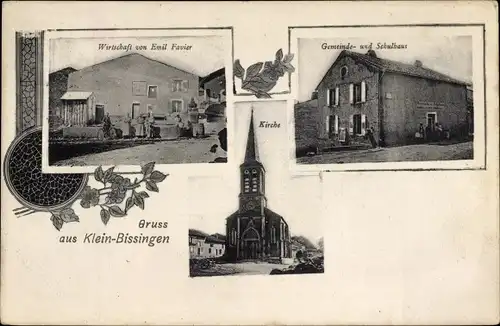 Ak Klein Bissingen Moselle, Wirtschaft von Emil Favier, Schule, Gemeindehaus, Kirche