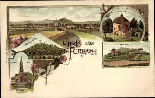Litho Forbach Lothringen Moselle, Kreuzkapelle, Kreuzberg, Schlossberg, Kath. Kirche