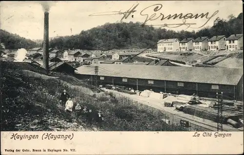 Ak Hayange Hayingen Lothringen Moselle, La Cite Gargan, Ortsansicht, Schornstein