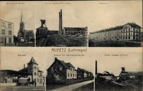 Ak Aumetz Lothringen Moselle, Kolonie, Grube Friede, Kath. Kirche, Bahnhof