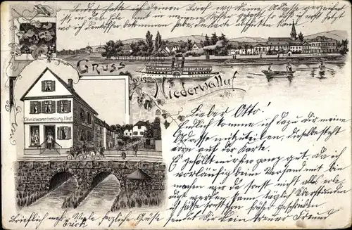 Litho Niederwalluf Walluf am Rhein, Kolonialwarenhandlung, Blick auf den Ort