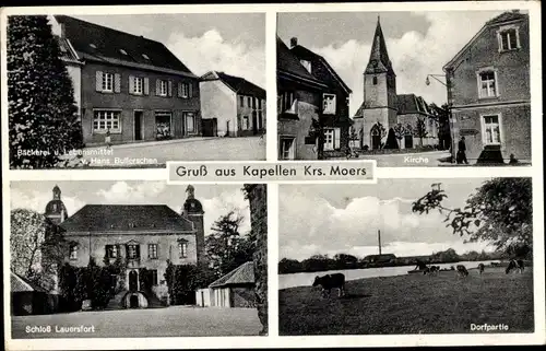 Ak Kapellen Moers am Niederrhein, Bäckerei, Kirche, Schloss Lauersfort