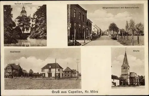 Ak Kapellen Moers am Niederrhein, Sparkasse, Bürgermeisteramt, Kirche, Schloss Lauersfort
