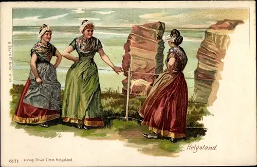 Litho Nordseeinsel Helgoland, Frauen in Helgoländer Tracht, Küste