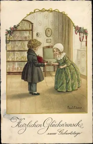 Künstler Ak Pauli Ebner, Glückwunsch Geburtstag, Das Geschenk, Paar, Schatulle