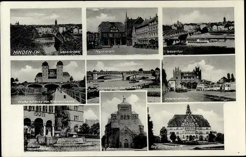 Ak Minden in Westfalen, Staatsbahnhof, Kanalbrücke, Schleuse, Dom, Wesertor, Marktplatz