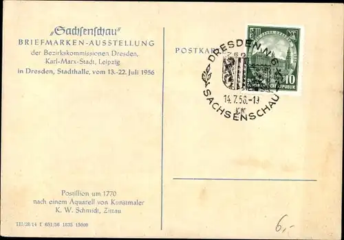 Künstler Ak Schmidt, Dresden, 750 Jahrfeier, Briefmarkenausstellung Sachsenschau, Postillion um 1770