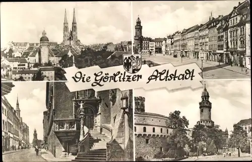 Ak Görlitz in der Lausitz, Altstadt, Wappen, Kirche, Straßenpartie, Turm, Treppe