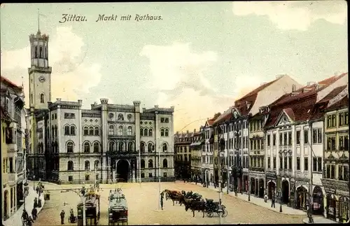 Ak Zittau in Sachsen, Markt mit Rathaus, Straßenbahn, Kutschen
