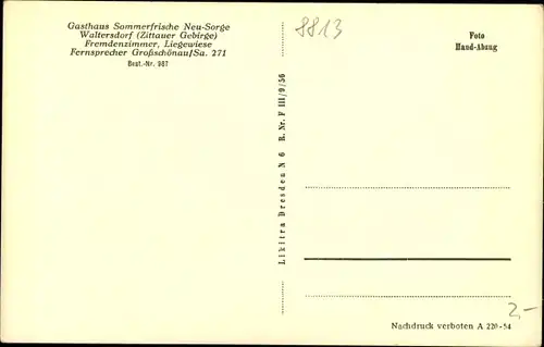 Ak Waltersdorf Großschönau in der Oberlausitz, Gasthaus Sommerfrische Neu-Sorge, Fremdenzimmer