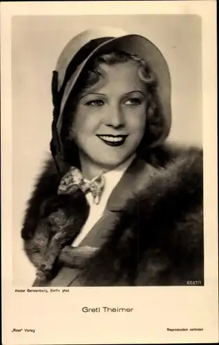 Ak Schauspielerin Gretl Theimer, Portrait mit Hut, Fuchspelz, Ross Verlag 6007 1
