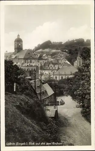 Ak Lößnitz im Erzgebirge Sachsen, Blick auf die zwei Kirchen