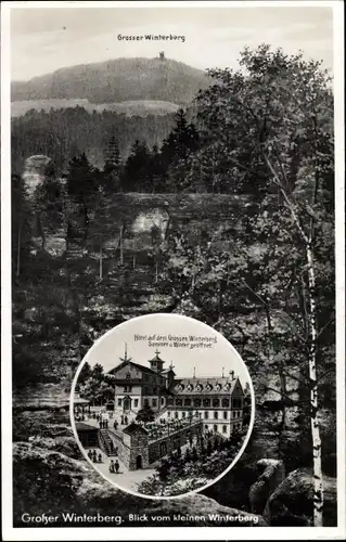 Ak Ostrau Bad Schandau Sächsische Schweiz, Großer Winterberg, Hotel, Blick vom kleinen Winterberg