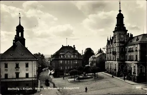 Ak Stollberg im Erzgebirge, Markt mit Rathaus und Amtsgericht