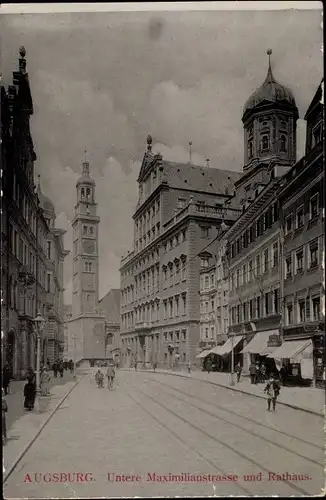 Ak Augsburg in Schwaben, Untere Maximilianstraße, Rathaus, Passanten