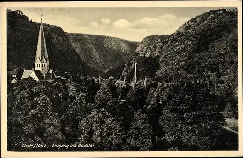 Ak Thale im Harz, Eingang ins Bodetal, Kirchturm