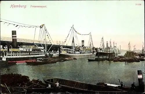 Ak Hamburg, Hafen, Partie am Petersenquai, Dampfer, Boote