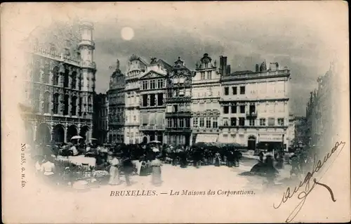 Mondschein Ak Bruxelles Brüssel, Les Maisons des Corporations