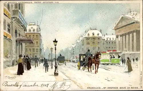 Künstler Ak Ranot, F., Bruxelles Brüssel, Boulevard Anspach Sous La Neige, Tram, Kutsche