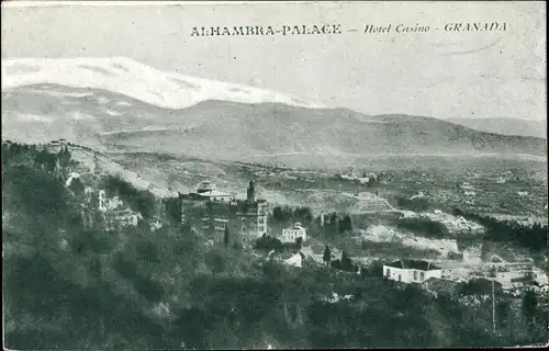 Ak Granada Andalusien Spanien, Alhambra Palace, Hotel Casino, Blick auf Stadt und Umgebung